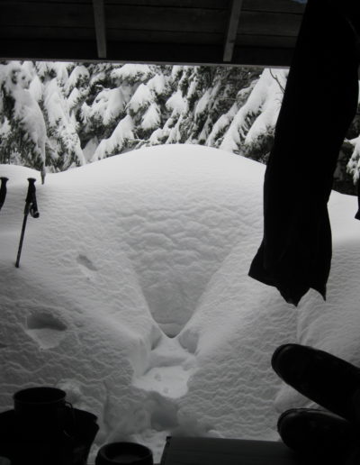 Snow outside lean-to, Chimney Pond